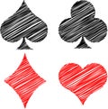 Suits of playing cards in the form of doodles Hearts, Diamonds, Club, Spades. Red and black on a white background Royalty Free Stock Photo